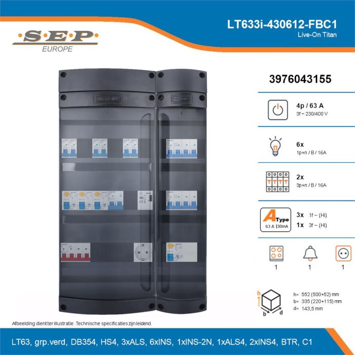 SEP Live-On Titan, LT633i-430612-FBC1, 63A, 3-fase groepenkast, 6-lichtgroepen, 2-krachtgroepen, 1-fornuisgroep, 1-beltrafo,  1V-contactdoos, technische details