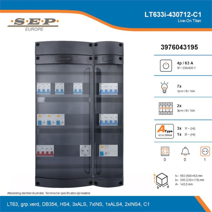 SEP Live-On Titan, LT633i-430712-C1, 63A, 3-fase groepenkast, 7-lichtgroepen, 2-krachtgroepen,  1V-contactdoos, technische details