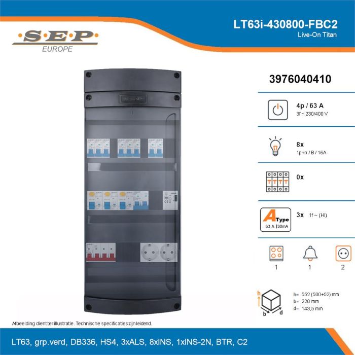 SEP Live-On Titan, LT63i-430800-FBC2, 63A, 3-fase groepenkast, 8-lichtgroepen, 1-fornuisgroep, 1-beltrafo,  2V-contactdoos, technische details