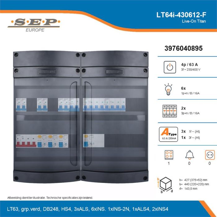 SEP Live-On Titan, LT64i-430612-F, 63A, 3-fase groepenkast, 6-lichtgroepen, 2-krachtgroepen, 1-fornuisgroep, technische details