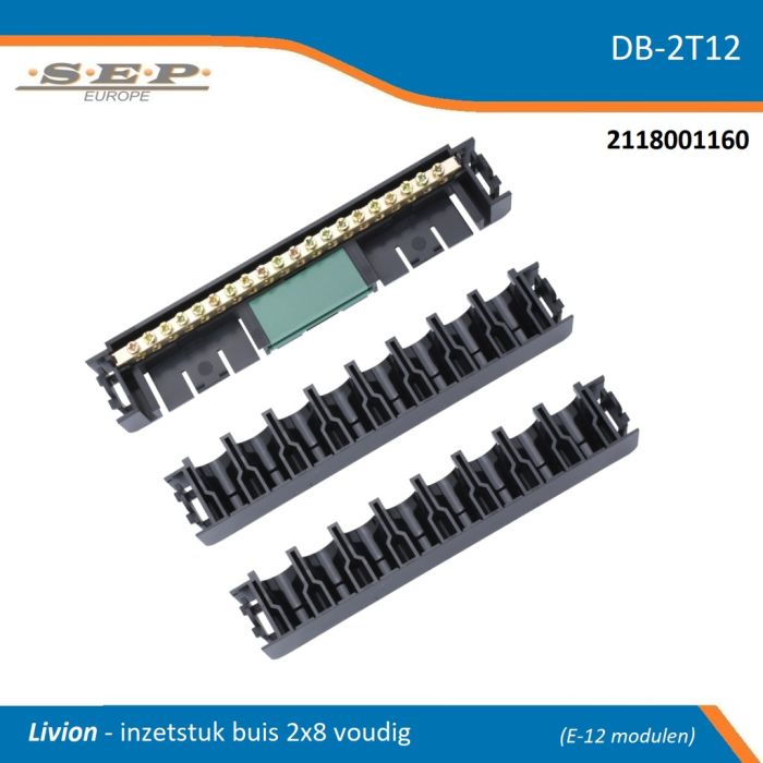 SEP DB-2T12 Livion inzetstuk buisinvoer 2×8 (16 invoeren) – compleet met aardrail en lasklem-montagehouder – 12 modulen