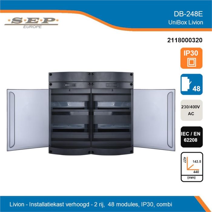 SEP Livion DB-248E groepenkast met transparante deur en technische gegevens