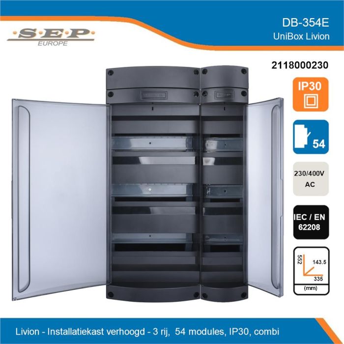 SEP Livion DB-354E groepenkast met transparante deur en technische gegevens