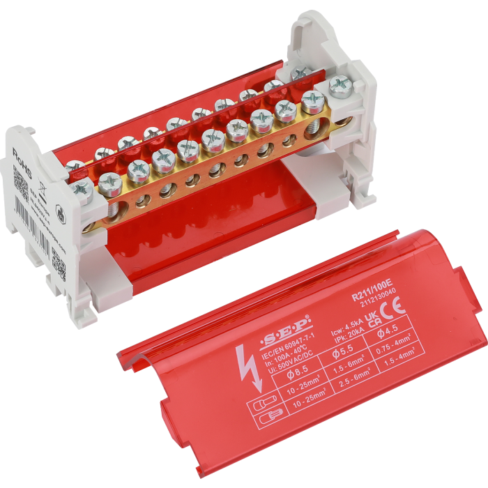 SEP Europe R211/100E verdeelblok 100A 2-polig – interne messing aansluitrail zichtbaar met rode kap verwijderd SEP Europe R211/100E verdeelblok 100A 2-polig – interne messing aansluitrail zichtbaar met rode kap verwijderd