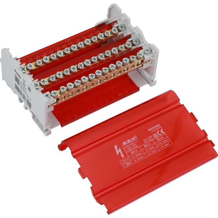 SEP Europe R415/100E verdeelblok 100A 4-polig – interne messing aansluitrail zichtbaar met rode kap verwijderd SEP Europe R415/100E verdeelblok 100A 4-polig – interne messing aansluitrail zichtbaar met rode kap verwijderd