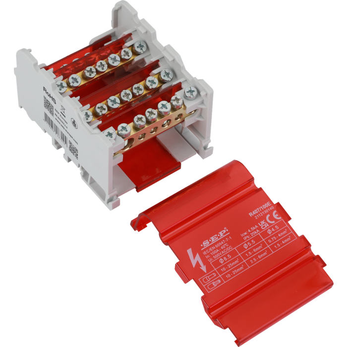SEP Europe R407/100E verdeelblok 100A 4-polig – interne messing aansluitrail zichtbaar met rode kap verwijderd SEP Europe R407/100E verdeelblok 100A 4-polig – interne messing aansluitrail zichtbaar met rode kap verwijderd
