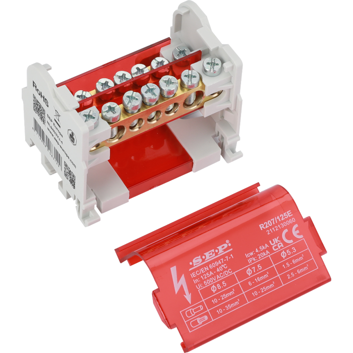 SEP Europe R207/125E verdeelblok 125A 2-polig – interne messing aansluitrail zichtbaar met rode kap verwijderd SEP Europe R207/125E verdeelblok 125A 2-polig – interne messing aansluitrail zichtbaar met rode kap verwijderd
