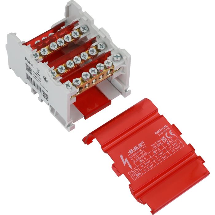 SEP Europe R407/125E verdeelblok 125A 4-polig – interne messing aansluitrail zichtbaar met rode kap verwijderd SEP Europe R407/125E verdeelblok 125A 4-polig – interne messing aansluitrail zichtbaar met rode kap verwijderd