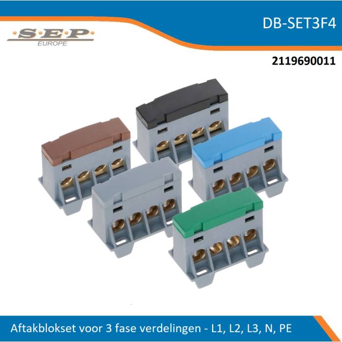 SEP Europe aftakblokset voor 3-fase verdelers, set L1-L2-L3-N-PE met bruin, zwart-grijs-blauw en groen aansluitblokken – model DB-SET1F4