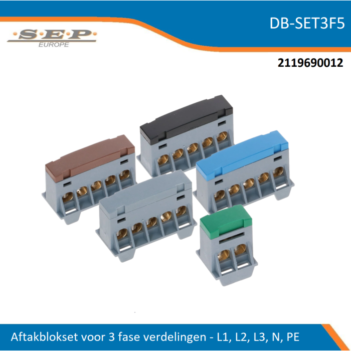 SEP Europe aftakblokset voor 3-fase verdelers, set L1-L2-L3-N-PE met bruin, zwart, grijs, blauw en groen aansluitblokken – model DB-SET3F5