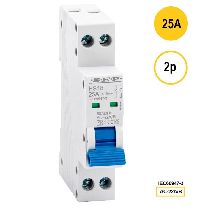 Modulaire hoofdschakelaar SEP HS18, 2-polig 25A, compacte uitvoering volgens IEC 60947-3 AC-22A/B – SEP Europe Compact-serie