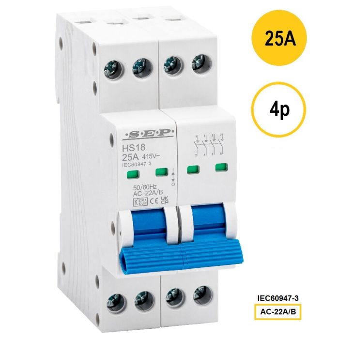 Modulaire hoofdschakelaar SEP HS18, 4-polig 25A, compacte uitvoering volgens IEC 60947-3 AC-22A/B – SEP Europe Compact-serie Modulaire hoofdschakelaar SEP HS18, 4-polig 25A, compacte uitvoering volgens IEC 60947-3 AC-22A/B – SEP Europe Compact-serie
