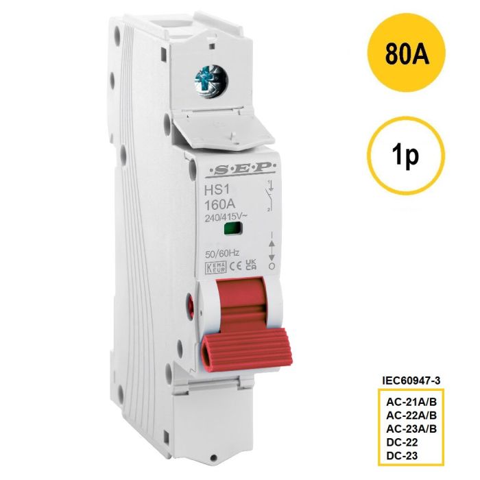 1-polige hoofdschakelaar SEP HS1-1080 (80A) met rode bedieningshendel – artikelnummer 3110000040, EAN 8718959028373 – classificaties AC-21A/B t/m AC-23A/B conform IEC 60947-3
