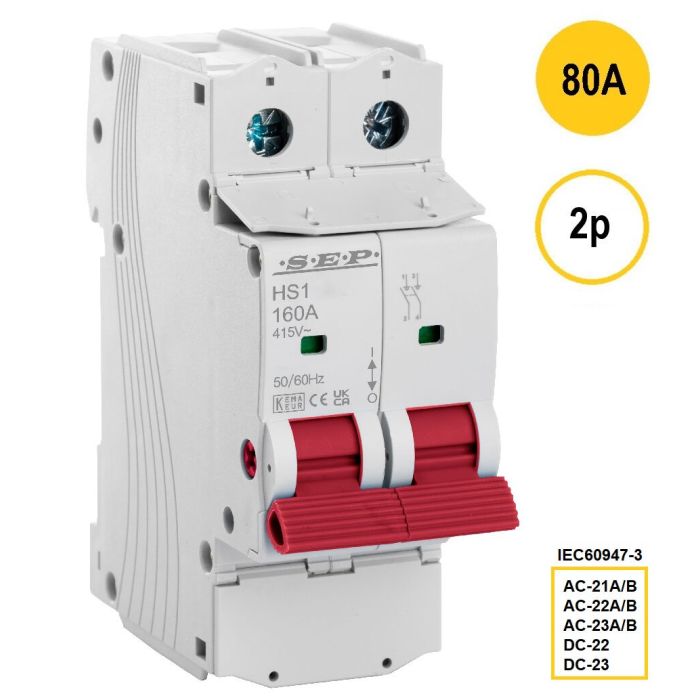 2-polige hoofdschakelaar SEP HS1-2080 (80A) met rode bedieningshendel – artikelnummer 3110000110, EAN 8718959028441 – classificaties AC-21A/B t/m AC-23A/B conform IEC 60947-3
