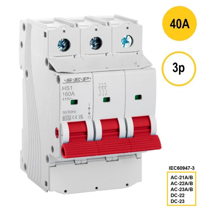 3-polige hoofdschakelaar SEP HS1-3040 (40A) met rode bedieningshendel – artikelnummer 3110000160, EAN 8718959028496 – classificaties AC-21A/B t/m AC-23A/B conform IEC 60947-3