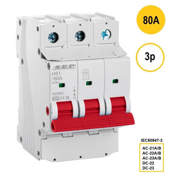 3-polige hoofdschakelaar SEP HS1-3080 (80A) met rode bedieningshendel – artikelnummer 3110000180, EAN 8718959028519 – classificaties AC-21A/B t/m AC-23A/B conform IEC 60947-3
