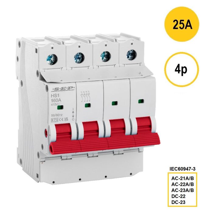 4-polige hoofdschakelaar SEP HS1-4025 (25A) met rode bedieningshendel – artikelnummer 3110000220, EAN 8718959028557 – classificaties AC-21A/B t/m AC-23A/B conform IEC 60947-3