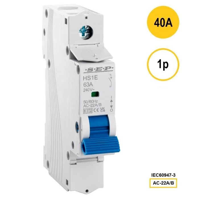 SEP HS1E-1040 lastschakelaar 1-polig 40A, 18mm, geschikt voor DIN-rail montage.