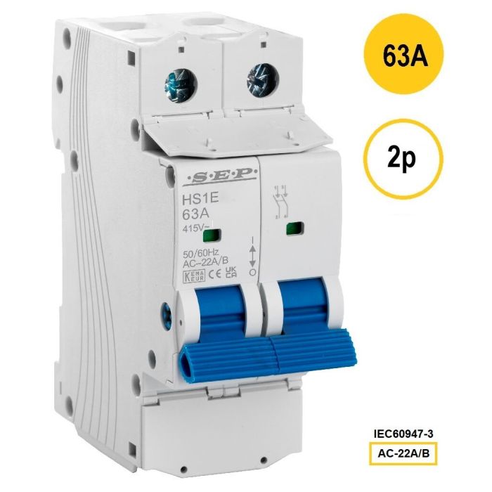 SEP HS1E-2063 lastschakelaar 2-polig 63A, 36mm, geschikt voor DIN-rail montage.