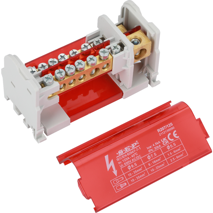 SEP Europe R207/125 verdeelblok 125A 2-polig – externe messing aansluitrail zichtbaar met rode kap verwijderd SEP Europe R207/125 verdeelblok 125A 2-polig – externe messing aansluitrail zichtbaar met rode kap verwijderd
