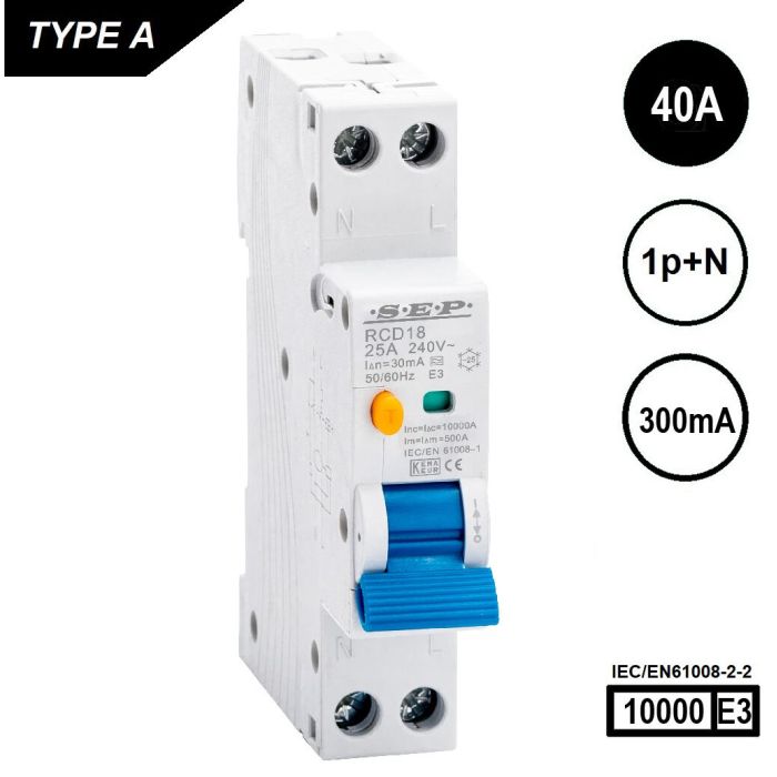 SEP RCD18-40300 aardlekschakelaar – 2-polig (1P+N), 40 A / 300 mA, Type A, 10 kA, 18 mm breed, compacte RCD voor groepenkasten SEP RCD18-40300 aardlekschakelaar – 2-polig (1P+N), 40 A / 300 mA, Type A, 10 kA, 18 mm breed, compacte RCD voor groepenkasten
