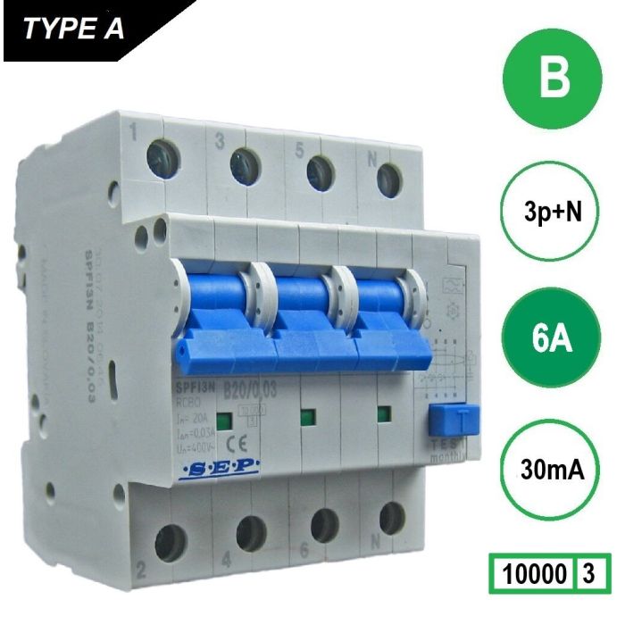 Schotman Elektro - SEP Europe - SPFI-B06 - RCBO - Aardlekautomaat 3p+n - B6 - 30mA - 10kA - 3104670006 - 8718959003134 Schotman Elektro - SEP Europe - SPFI-B06 - RCBO - Aardlekautomaat 3p+n - B6 - 30mA - 10kA - 3104670006 - 8718959003134