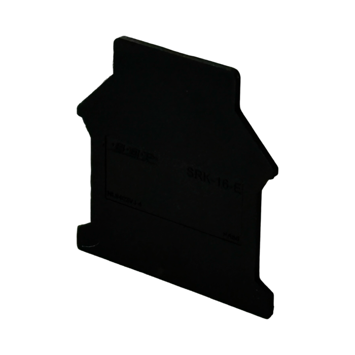 Zwarte eindplaat SEP Europe zijkant met logo geschikt voor SRK-16 rijgklemmen - artikel 2011300400, GTIN 8718959078231 - verkrijgbaar bij Schotman Elektro B.V.
