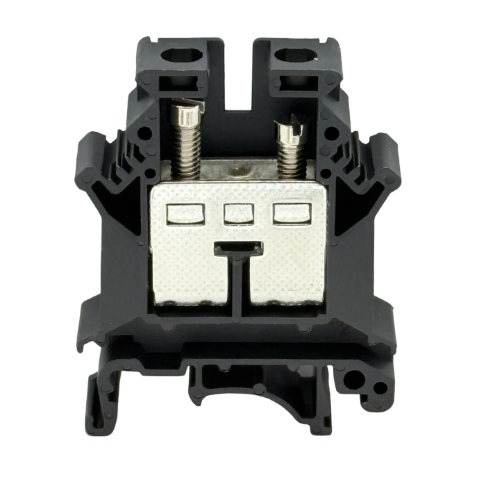 SEP SRK-16-BL zwarte rijgklem, 16mm2 zijaanzicht met aansluitingen - modulaire DIN-rail, 2011300280, GTIN 8718959078118