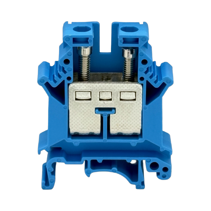 SEP SRK-16-BU blauwe rijgklem, 16mm2 zijaanzicht met aansluitingen - modulaire DIN-rail, 2011300260, GTIN 8718959078095