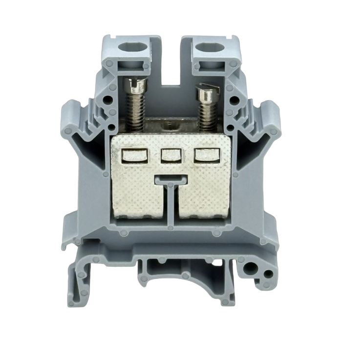 SEP SRK-16-G grijze rijgklem, 16mm2 zijaanzicht met aansluitingen - modulaire DIN-rail, 2011300250, GTIN 8718959078088