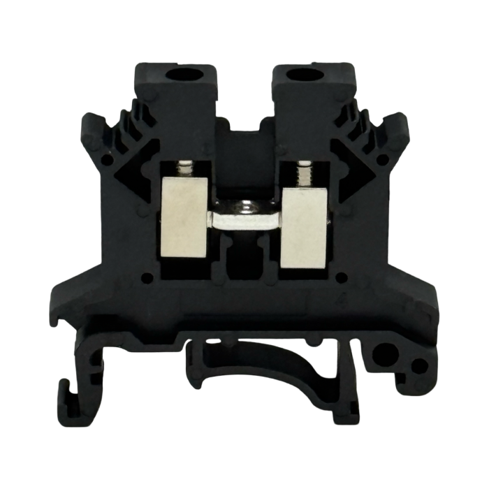 SEP SRK-2.5-BL zwarte rijgklem, 2,5mm2 zijaanzicht met aansluitingen - modulaire DIN-rail, 2011300080, GTIN 8718959077913