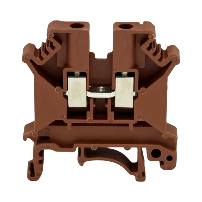 SEP SRK-5-BR bruine rijgklem, 4mm2 zijaanzicht met aansluitingen - modulaire DIN-rail, 2011300150, GTIN 8718959077982