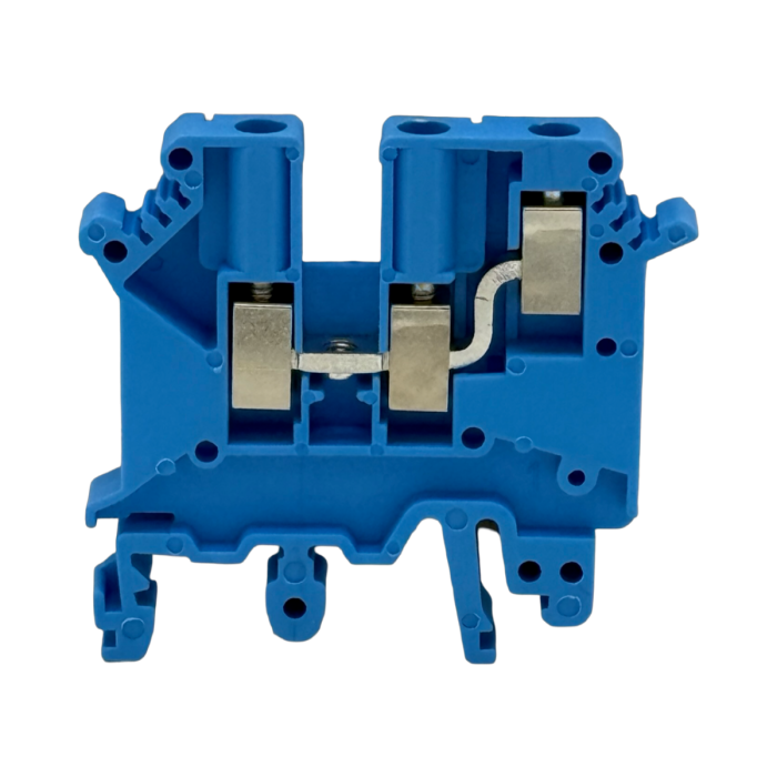 SEP SRK-5-TWIN-BU blauwe twin-rijgklem, 4mm2 zijaanzicht met aansluitingen - modulaire DIN-rail, 2011300620, GTIN 8718959078460