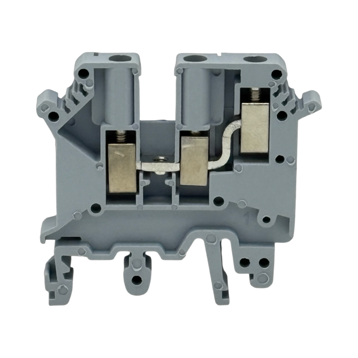 SEP SRK-5-TWIN-G grijze rijgklem, 4mm2 zijaanzicht met aansluitingen - modulaire DIN-rail, 2011300620, GTIN 8718959078453