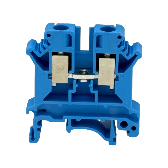 SEP SRK-6-BU blauwe rijgklem, 6mm2 zijaanzicht met aansluitingen - modulaire DIN-rail, 2011300180, GTIN 8718959078019