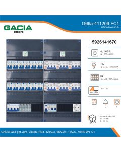 GACIA G66a-411206-FC1, 3-fase groepenkast 63A met aardlekautomaten, 19-groepen, fornuisgroep, 1V-contactdoos, technische gegevens