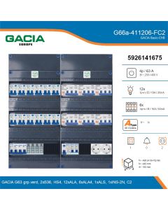 GACIA G66a-411206-FC2, 3-fase groepenkast 63A met aardlekautomaten, 19-groepen, fornuisgroep, 2V-contactdoos, technische gegevens
