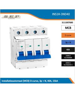 SEP Europe INS1H-3ND40 installatieautomaat, MCB D-curve, 3p+N, 40A, kortsluitvastheid 15kA/20kA
