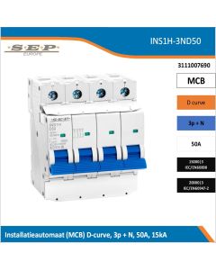 SEP Europe INS1H-3ND50 installatieautomaat, MCB D-curve, 3p+N, 50A, kortsluitvastheid 15kA/20kA