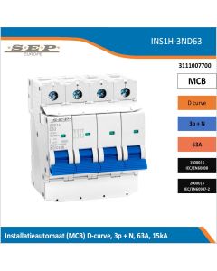 SEP Europe INS1H-3ND63 installatieautomaat, MCB D-curve, 3p+N, 63A, kortsluitvastheid 15kA/20kA