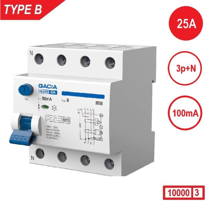 GACIA PR8M-B2541 type B aardlekschakelaar – 4-polig (3P + N), 25 A, 100 mA, 10 kA, front-aanzicht.