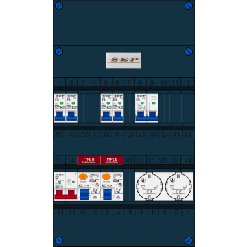 Schotman Elektro B.V. - SEP FS40A, 1xHoofdschakelaar, 2xAardlekschakelaar-Type B, 4xinstallatieautomaat, 1xFornuisgroep, 2xContactdoos, 1 Fase