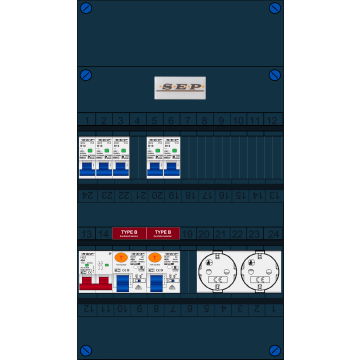Schotman Elektro B.V. - SEP FS40A, 1xHoofdschakelaar, 2xAardlekschakelaar-Type B, 5xinstallatieautomaat, 2xContactdoos, 1 Fase