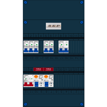 Schotman Elektro B.V. - SEP FS40A, 1xHoofdschakelaar, 2xAardlekschakelaar-Type B, 5xinstallatieautomaat, 1xFornuisgroep, 1 Fase