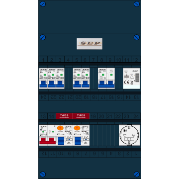 Schotman Elektro B.V. - SEP FS40A, 1xHoofdschakelaar, 2xAardlekschakelaar-Type B, 5xinstallatieautomaat, 1xFornuisgroep, 1xBeltrafo, 1xContactdoos, 1 Fase
