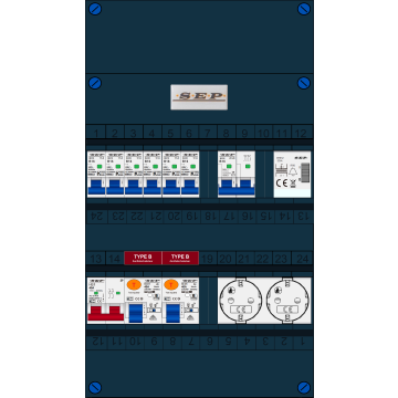 Schotman Elektro B.V. - SEP FS40A, 1xHoofdschakelaar, 2xAardlekschakelaar-Type B, 6xinstallatieautomaat, 1xFornuisgroep, 1xBeltrafo, 2xContactdoos, 1 Fase
