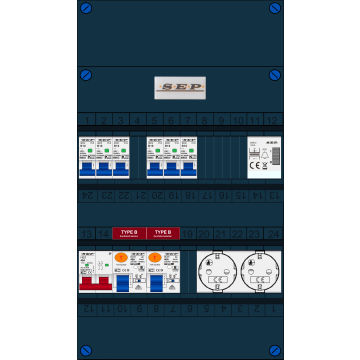Schotman Elektro B.V. - SEP FS40A, 1xHoofdschakelaar, 2xAardlekschakelaar-Type B, 6xinstallatieautomaat, 1xBeltrafo, 2xContactdoos, 1 Fase
