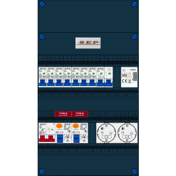 Schotman Elektro B.V. - SEP FS40A, 1xHoofdschakelaar, 2xAardlekschakelaar-Type B, 7xinstallatieautomaat, 1xFornuisgroep, 1xBeltrafo, 2xContactdoos, 1 Fase