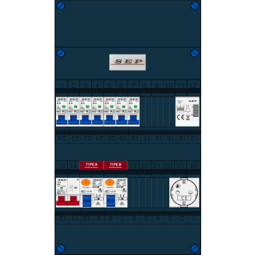 Schotman Elektro B.V. - SEP FS40A, 1xHoofdschakelaar, 2xAardlekschakelaar-Type B, 7xinstallatieautomaat, 1xBeltrafo, 1xContactdoos, 1 Fase