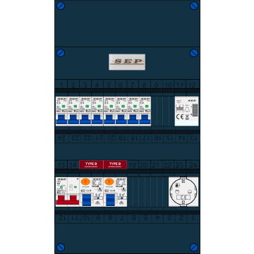 Schotman Elektro B.V. - SEP FS40A, 1xHoofdschakelaar, 2xAardlekschakelaar-Type B, 8xinstallatieautomaat, 1xBeltrafo, 1xContactdoos, 1 Fase